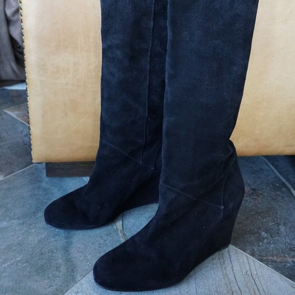 Stuart Weitzman Black Suede Knee High Wedge Boot - Picture 1 of 12